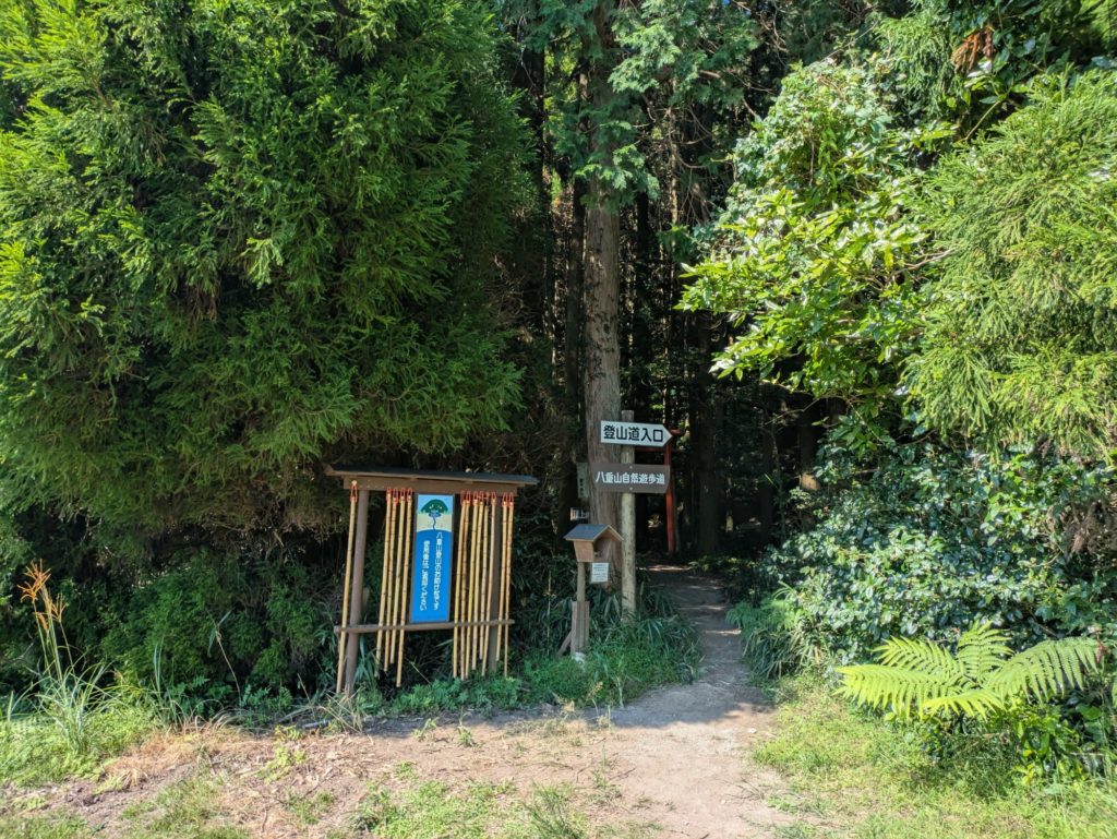 わかりやすい登山口。登山杖も貸出中（味があるなあ）